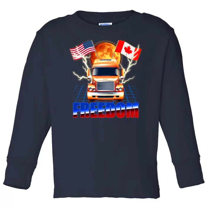 Funny Trucker Retro 80's Freedom USA Canada Flags Freedom Convoy Toddler Long Sleeve Shirt