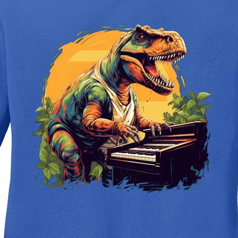 Funny T Rex Dinosaurs With Piano For Music Instrut Fans Gift Ladies Long Sleeve Shirt