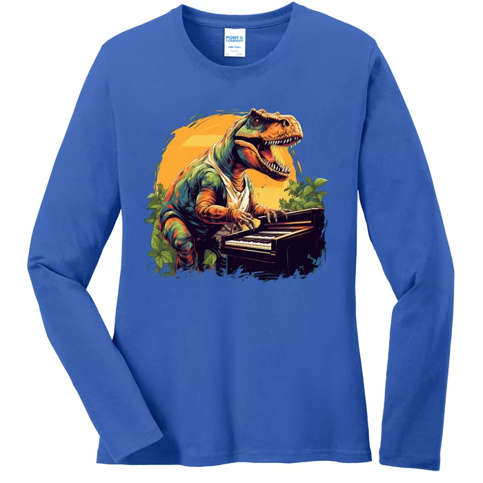 Funny T Rex Dinosaurs With Piano For Music Instrut Fans Gift Ladies Long Sleeve Shirt