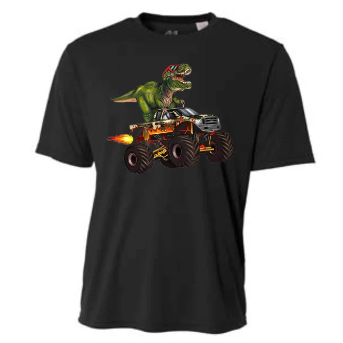 Funny T Rex Wearing Glasses On Monster Truck Cooling Performance Crew T-Shirt