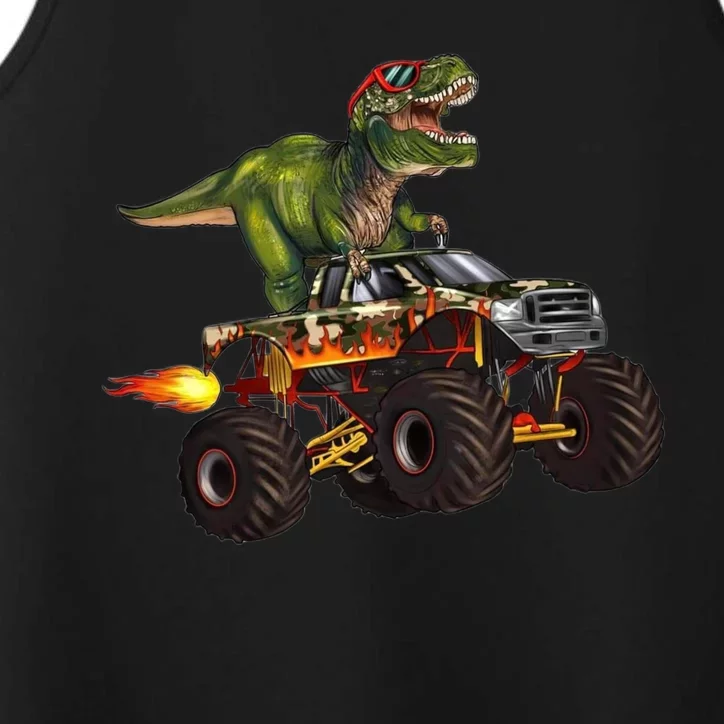 Funny T Rex Wearing Glasses On Monster Truck Performance Tank