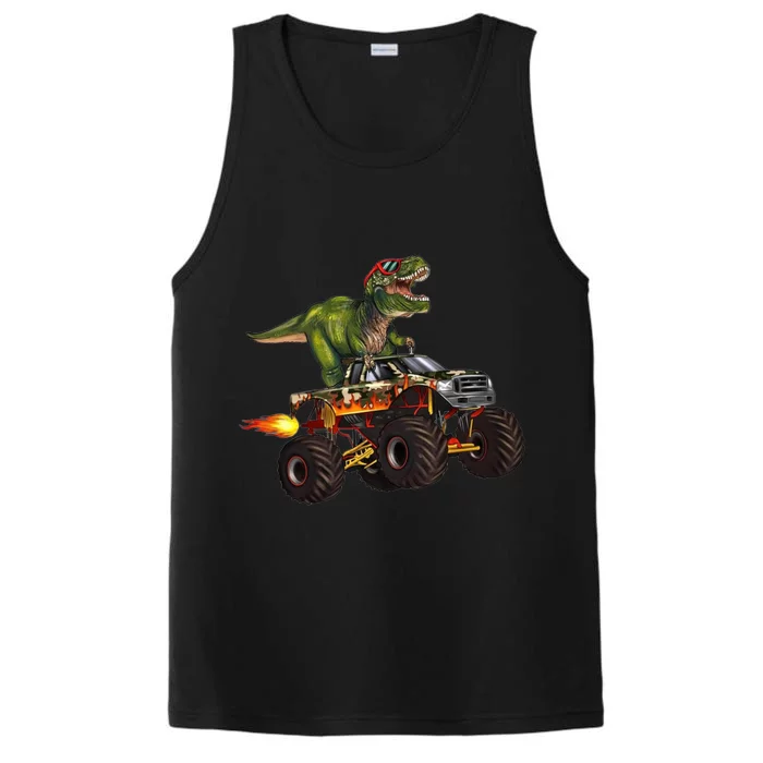 Funny T Rex Wearing Glasses On Monster Truck Performance Tank