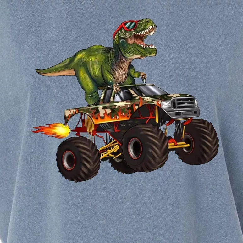 Funny T Rex Wearing Glasses On Monster Truck Garment-Dyed Women's Muscle Tee