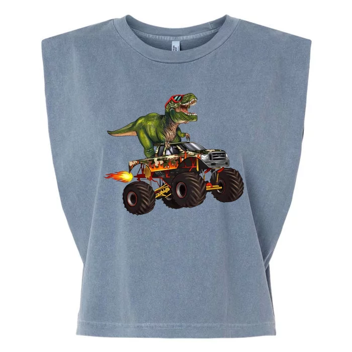 Funny T Rex Wearing Glasses On Monster Truck Garment-Dyed Women's Muscle Tee