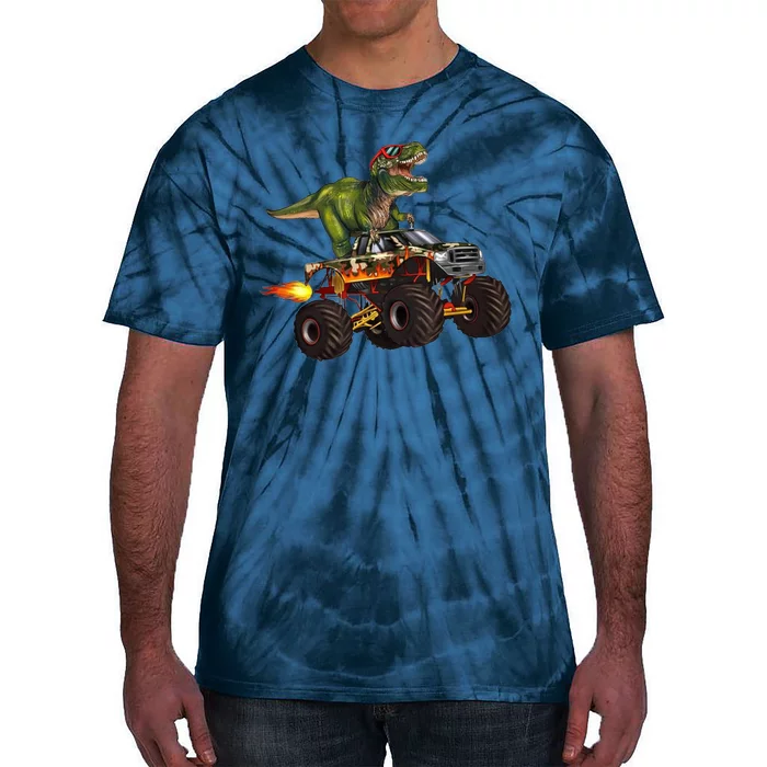 Funny T Rex Wearing Glasses On Monster Truck Tie-Dye T-Shirt