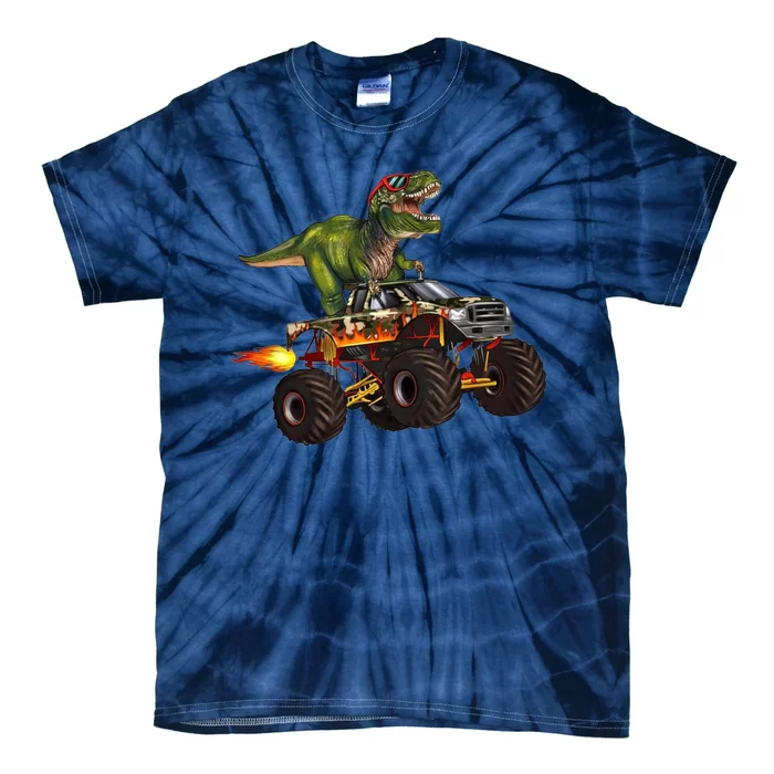 Funny T Rex Wearing Glasses On Monster Truck Tie-Dye T-Shirt