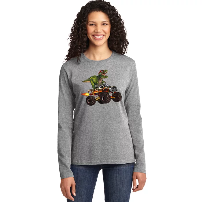 Funny T Rex Wearing Glasses On Monster Truck Ladies Long Sleeve Shirt