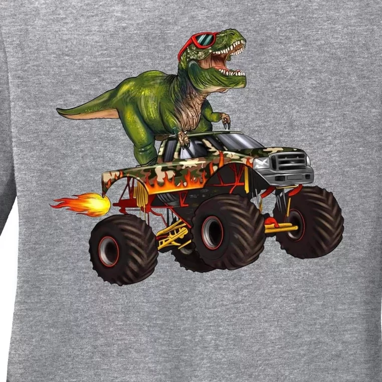 Funny T Rex Wearing Glasses On Monster Truck Ladies Long Sleeve Shirt