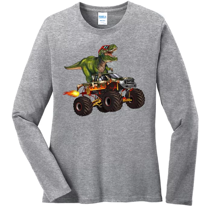 Funny T Rex Wearing Glasses On Monster Truck Ladies Long Sleeve Shirt