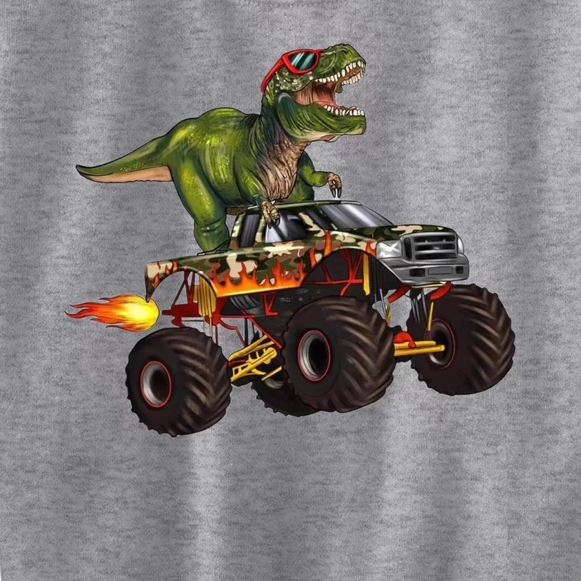 Funny T Rex Wearing Glasses On Monster Truck Kids Sweatshirt