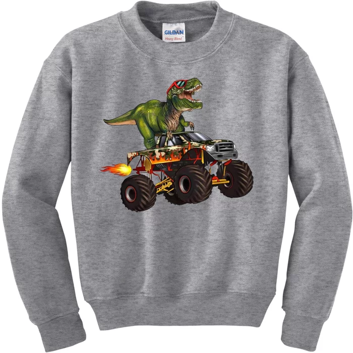 Funny T Rex Wearing Glasses On Monster Truck Kids Sweatshirt