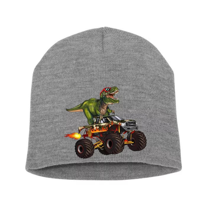 Funny T Rex Wearing Glasses On Monster Truck Short Acrylic Beanie