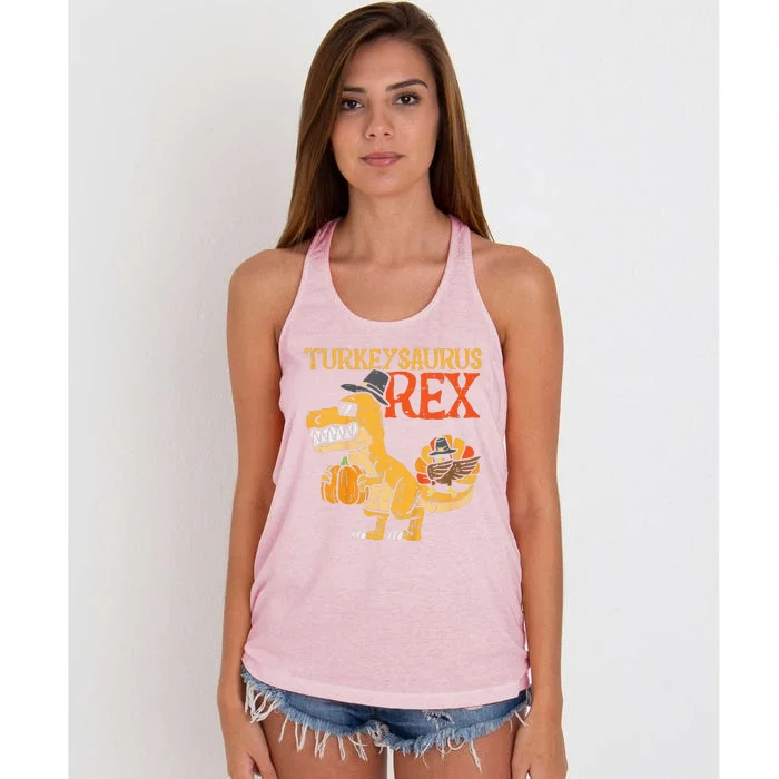 Funny Turkeysaurus Rex Dab Turkey Dino Thanksgiving Women's Knotted Racerback Tank