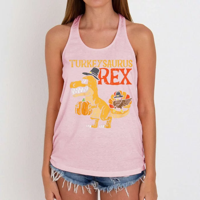 Funny Turkeysaurus Rex Dab Turkey Dino Thanksgiving Women's Knotted Racerback Tank