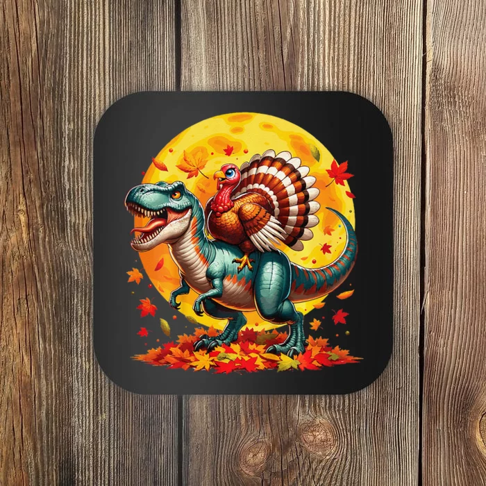 Funny Turkey Riding Mummy Dinosaur T Rex Thanksgiving Coaster