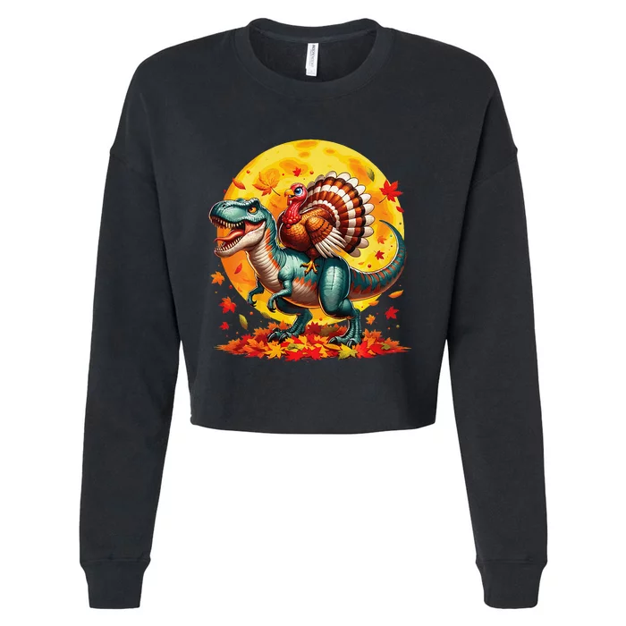 Funny Turkey Riding Mummy Dinosaur T Rex Thanksgiving Cropped Pullover Crew