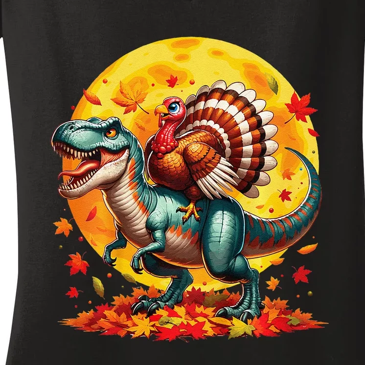 Funny Turkey Riding Mummy Dinosaur T Rex Thanksgiving Women's V-Neck T-Shirt