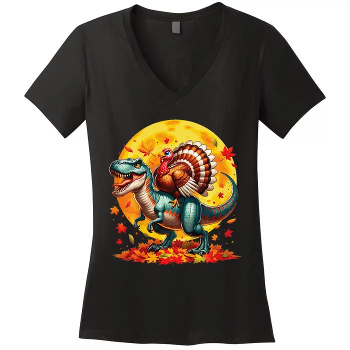 Funny Turkey Riding Mummy Dinosaur T Rex Thanksgiving Women's V-Neck T-Shirt