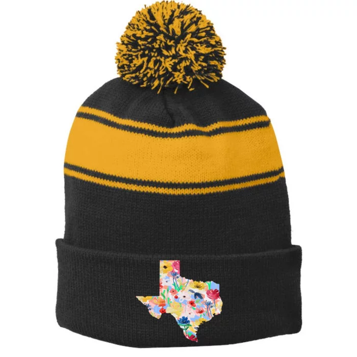 Flower Texas State Floral Design Stripe Pom Pom Beanie