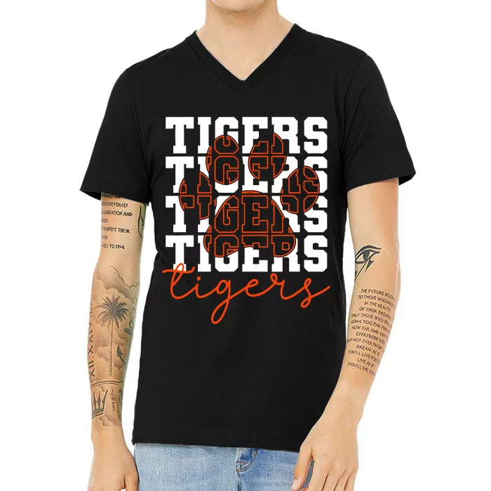 Football Tigers School Sports Fan Team Spirit Tigers Mascot V-Neck T-Shirt