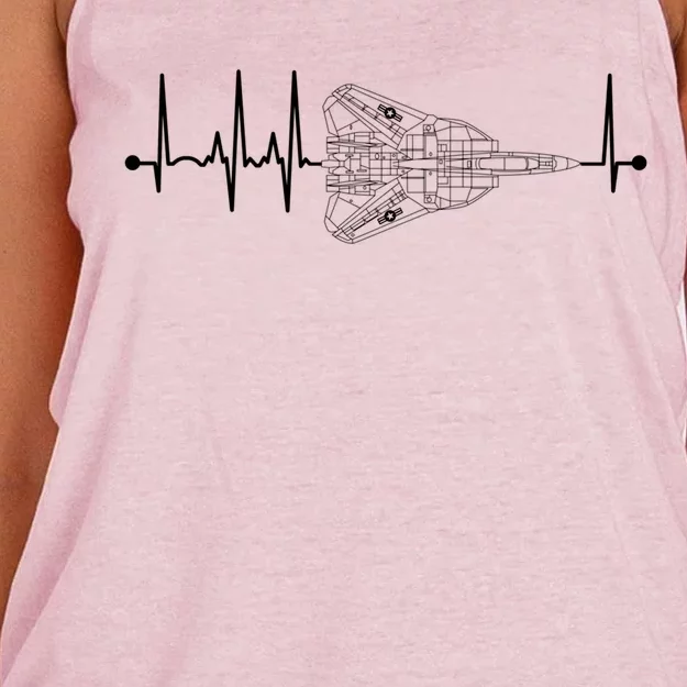 F14 Tomcat Schematic Airplane Pulse Ekg Pilot Heartbeat Cute Gift Women's Knotted Racerback Tank