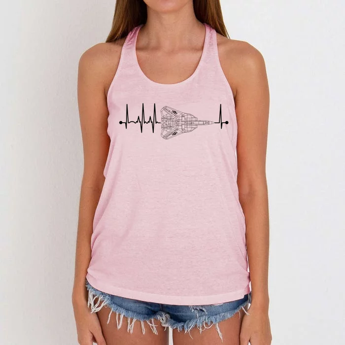 F14 Tomcat Schematic Airplane Pulse Ekg Pilot Heartbeat Cute Gift Women's Knotted Racerback Tank