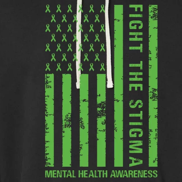 Fight The Stigma Mental Health Awareness Green Usa Flag Garment-Dyed Fleece Hoodie