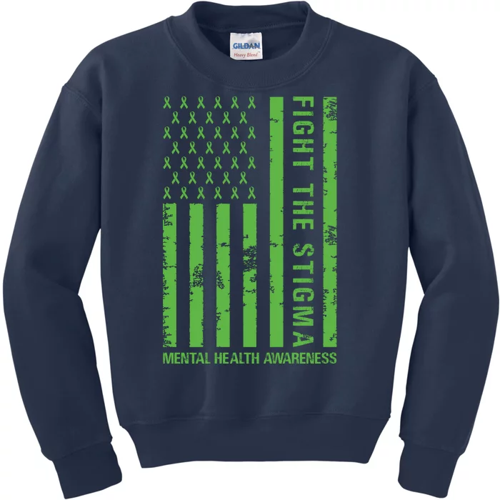 Fight The Stigma Mental Health Awareness Green Usa Flag Kids Sweatshirt