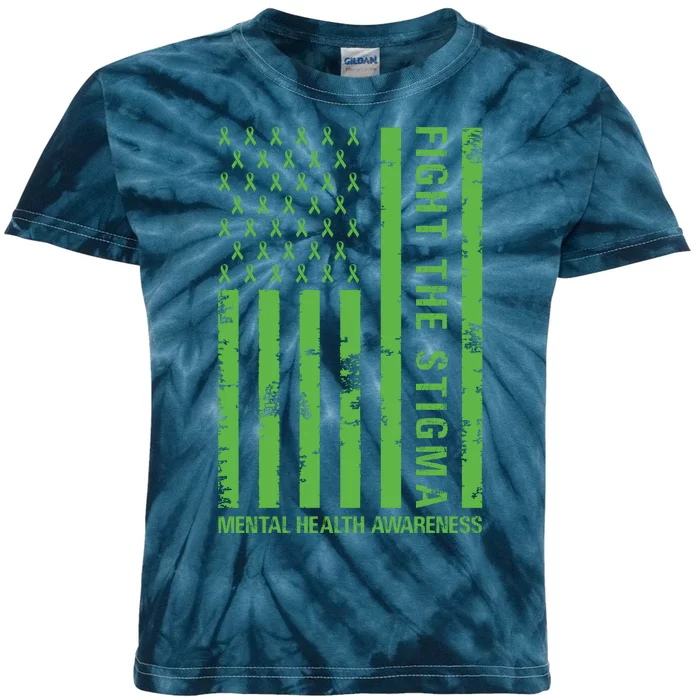 Fight The Stigma Mental Health Awareness Green Usa Flag Kids Tie-Dye T-Shirt