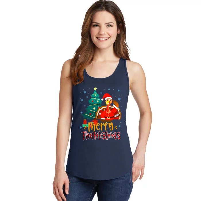 Funny Turkey Santa Merry Thanksmas Christmas Thanksgiving Ladies Essential Tank