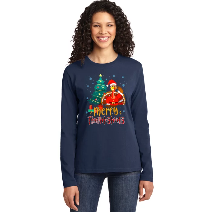 Funny Turkey Santa Merry Thanksmas Christmas Thanksgiving Ladies Long Sleeve Shirt