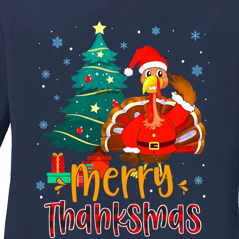 Funny Turkey Santa Merry Thanksmas Christmas Thanksgiving Ladies Long Sleeve Shirt