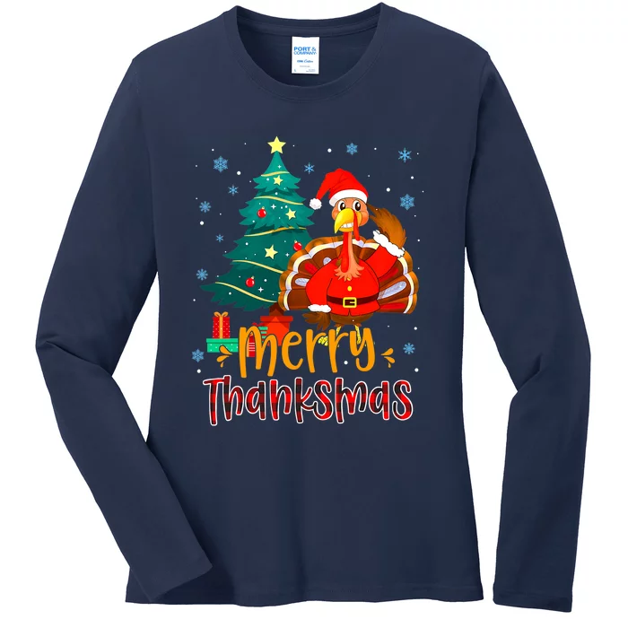 Funny Turkey Santa Merry Thanksmas Christmas Thanksgiving Ladies Long Sleeve Shirt