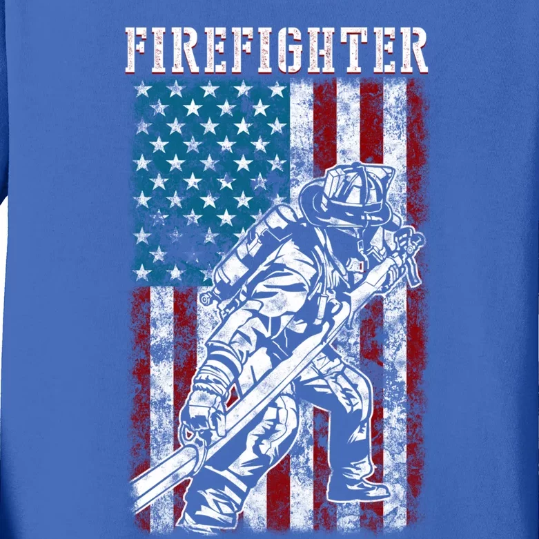 Fire Tattered Stripes Patriotic Firefighter American Flag Gift Kids Long Sleeve Shirt