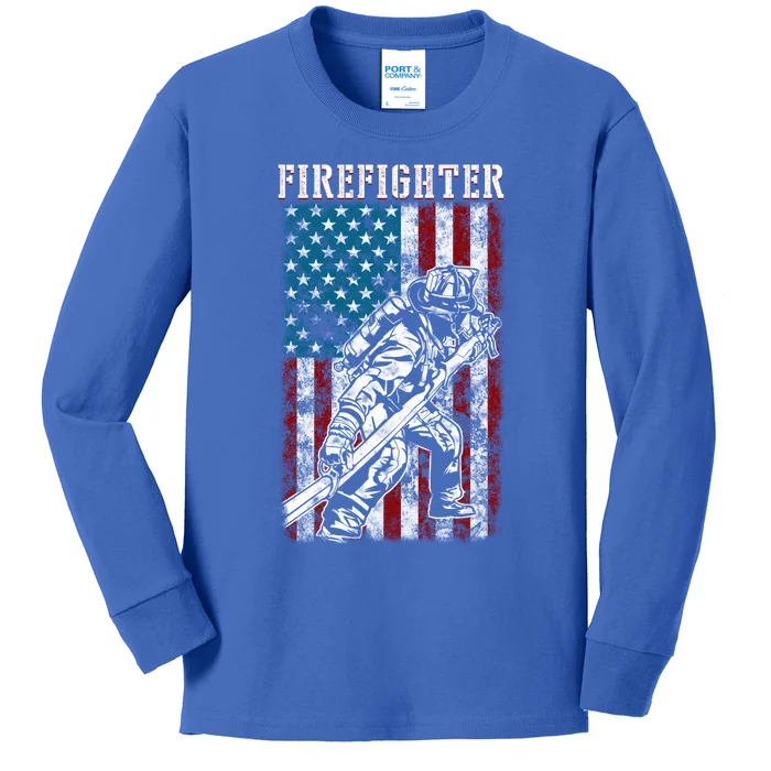 Fire Tattered Stripes Patriotic Firefighter American Flag Gift Kids Long Sleeve Shirt