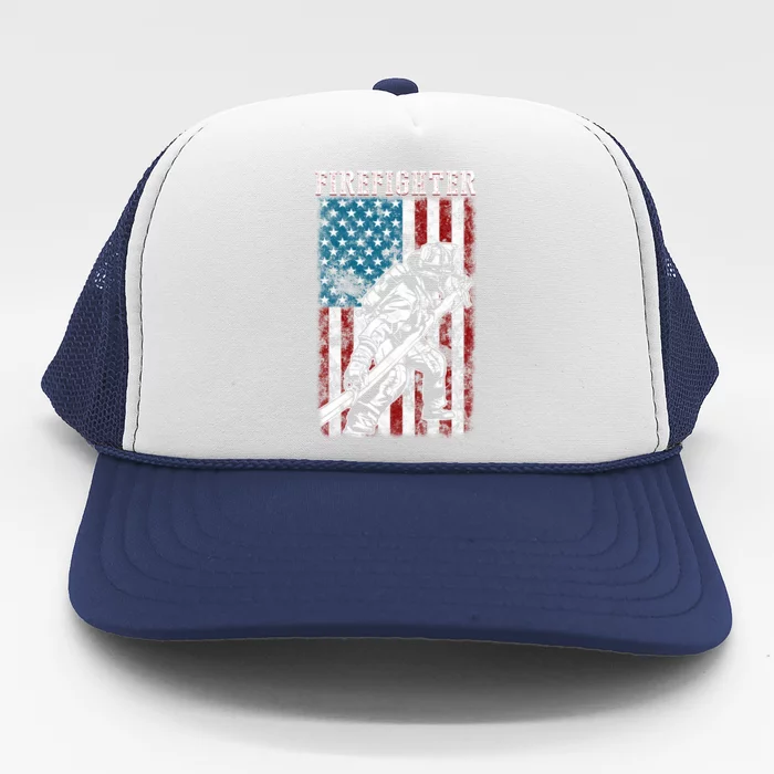 Fire Tattered Stripes Patriotic Firefighter American Flag Gift Trucker Hat