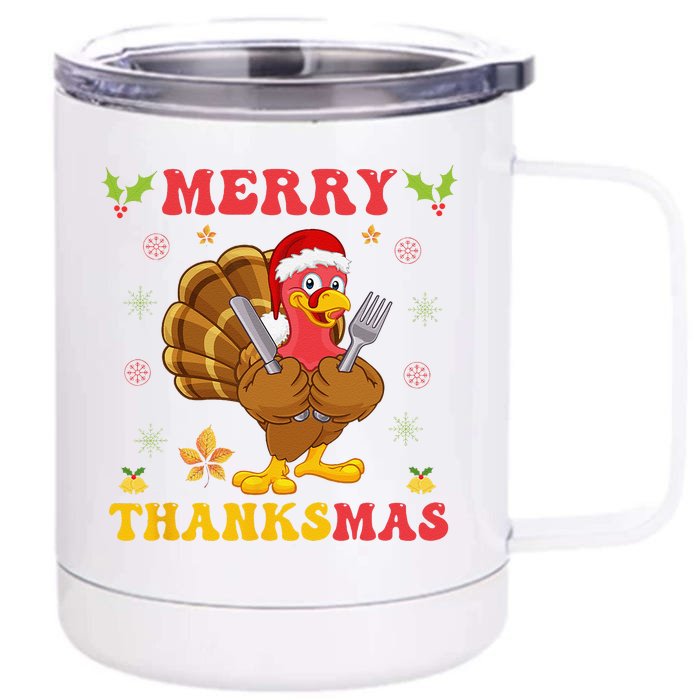 Funny Turkey Santa Merry Thanksmas Christmas Thanksgiving Gift Front & Back 12oz Stainless Steel Tumbler Cup