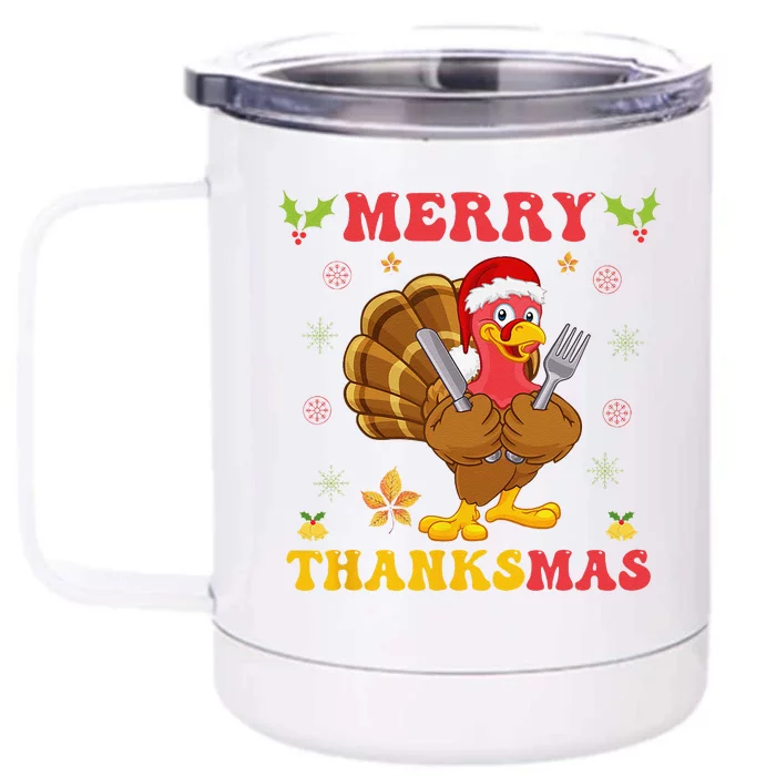 Funny Turkey Santa Merry Thanksmas Christmas Thanksgiving Gift Front & Back 12oz Stainless Steel Tumbler Cup