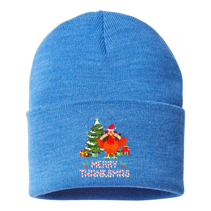 Funny Turkey Santa Merry Thanksmas Christmas Thanksgiving Sustainable Knit Beanie