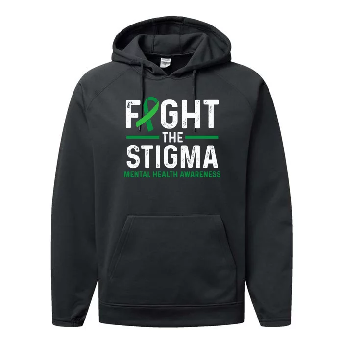 Fight The Stigma Mental Health Awareness Green Ribbon Performance Fleece Hoodie