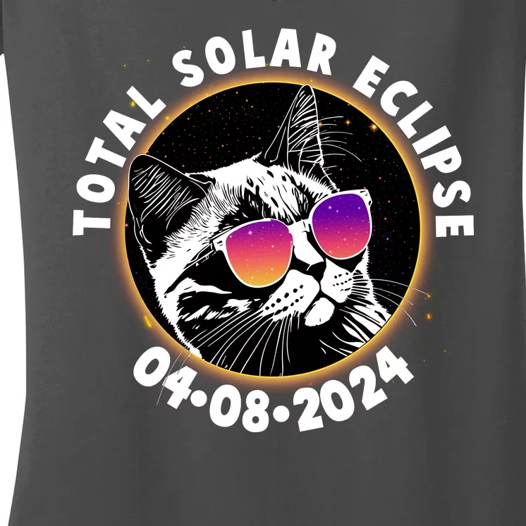 Funny Total Solar Eclipse April 8 2024 Sunglasses Cat Women's V-Neck T-Shirt