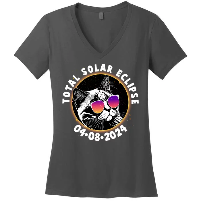 Funny Total Solar Eclipse April 8 2024 Sunglasses Cat Women's V-Neck T-Shirt