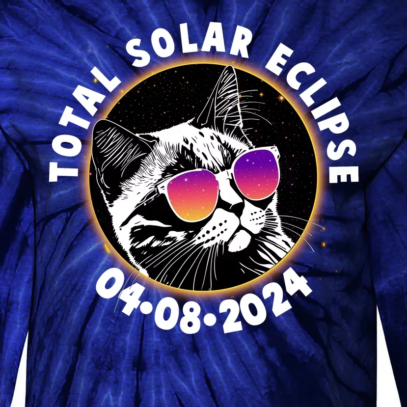 Funny Total Solar Eclipse April 8 2024 Sunglasses Cat Tie-Dye Long Sleeve Shirt