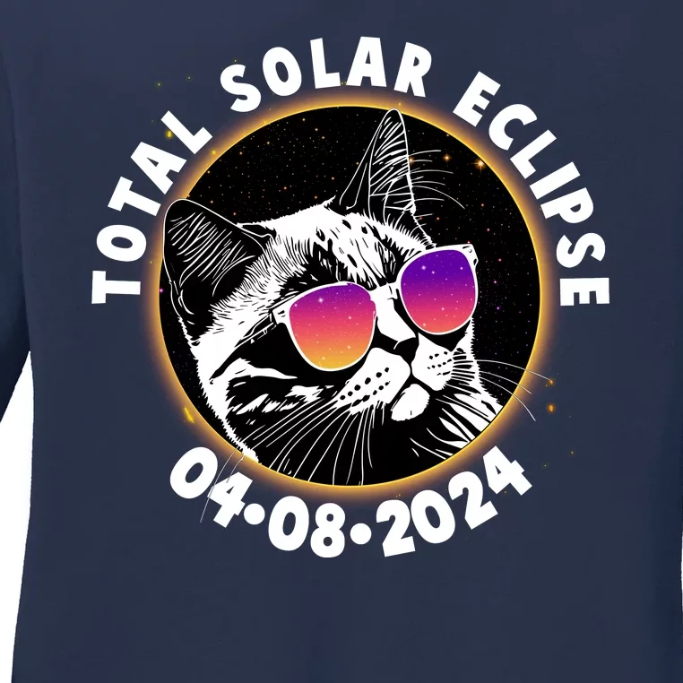 Funny Total Solar Eclipse April 8 2024 Sunglasses Cat Ladies Long Sleeve Shirt