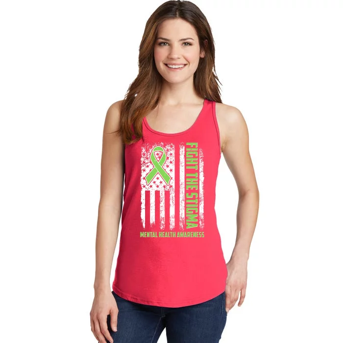 Fight The Stigma Mental Health Awareness Distressed USA Flag Ladies Essential Tank