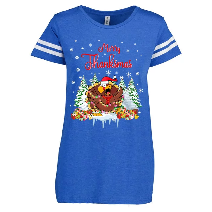 Funny Turkey Santa Merry Thanksmas Christmas Thanksgiving Enza Ladies Jersey Football T-Shirt