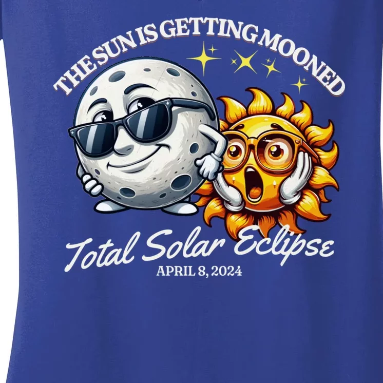 Funny The Sun Is Getting Mooned Total Solar Eclipse April 08 2024 Women's V-Neck T-Shirt