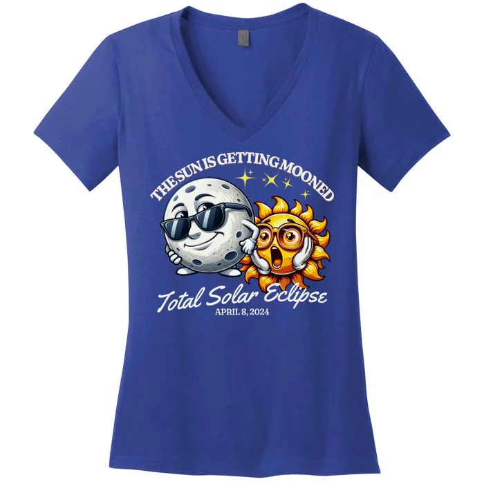 Funny The Sun Is Getting Mooned Total Solar Eclipse April 08 2024 Women's V-Neck T-Shirt