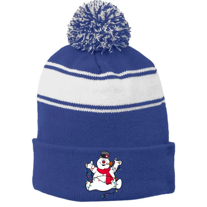 Frosty The Snow Christmas Lights Portrait Cute Gift Stripe Pom Pom Beanie