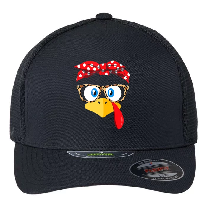 Funny Thanksgiving Strong Girl Turkey Face Leopard Print Glasses Flexfit Unipanel Trucker Cap